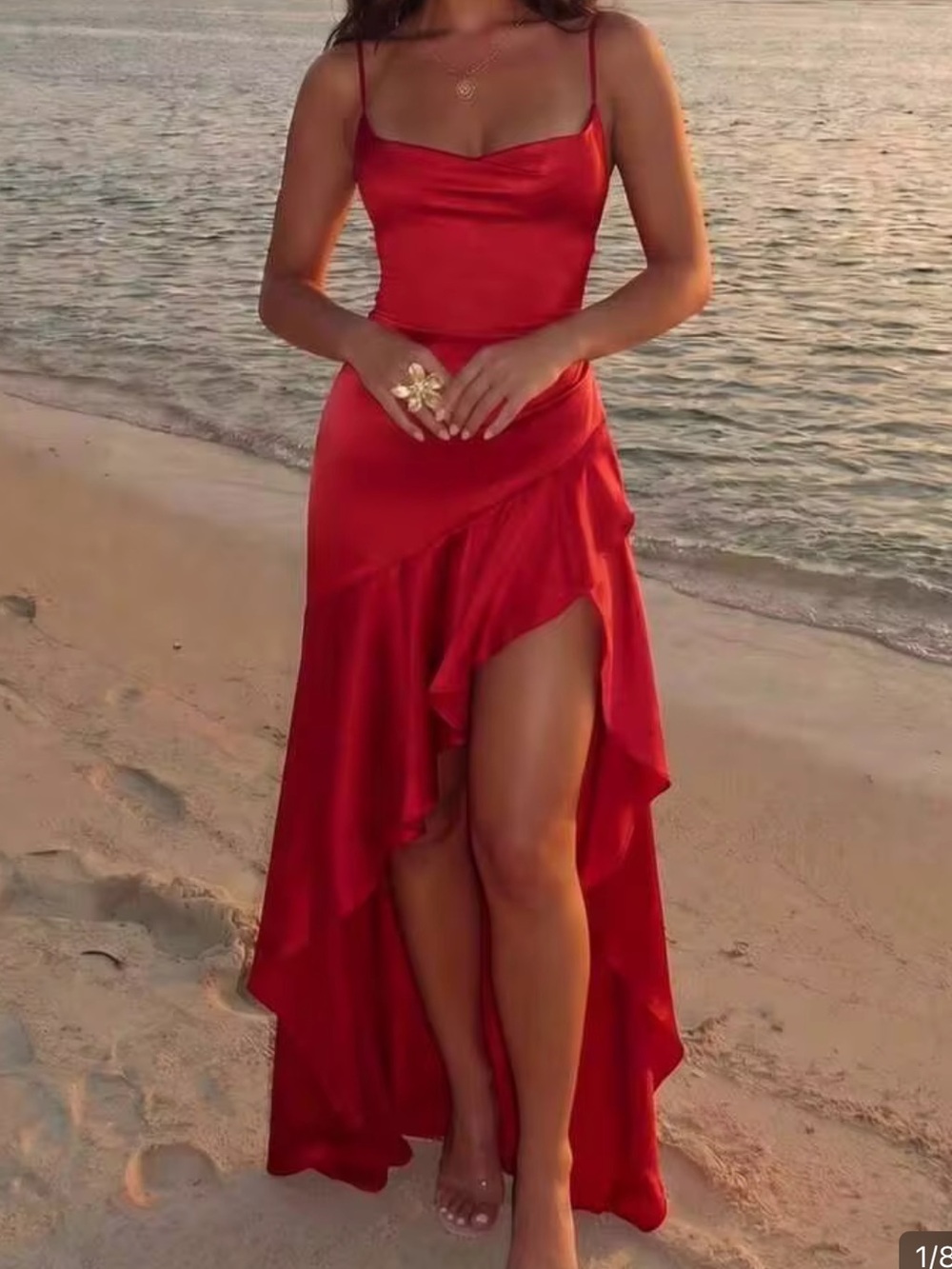 Red High-Slit Ruffle Maxi Skirt